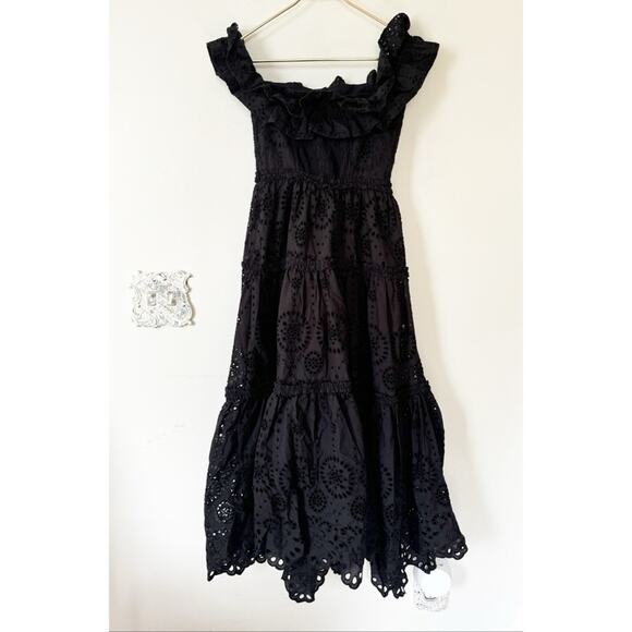 Zara Black Embroidered Eyelet Off The Shoulder Ruffle Midi Dress XS - Picture 8 of 11